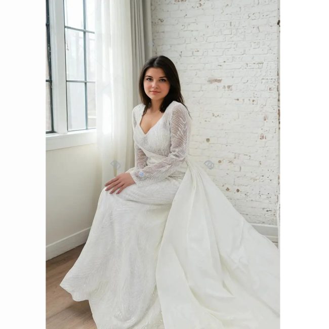 Beautiful Deep V-neckline White gown with a flowing train