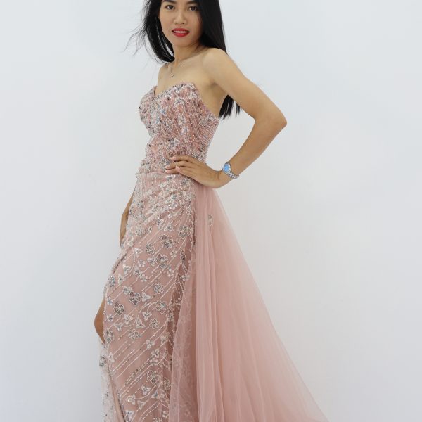 Elegant Pink Embroidered Evening Gown with Flowing Train
