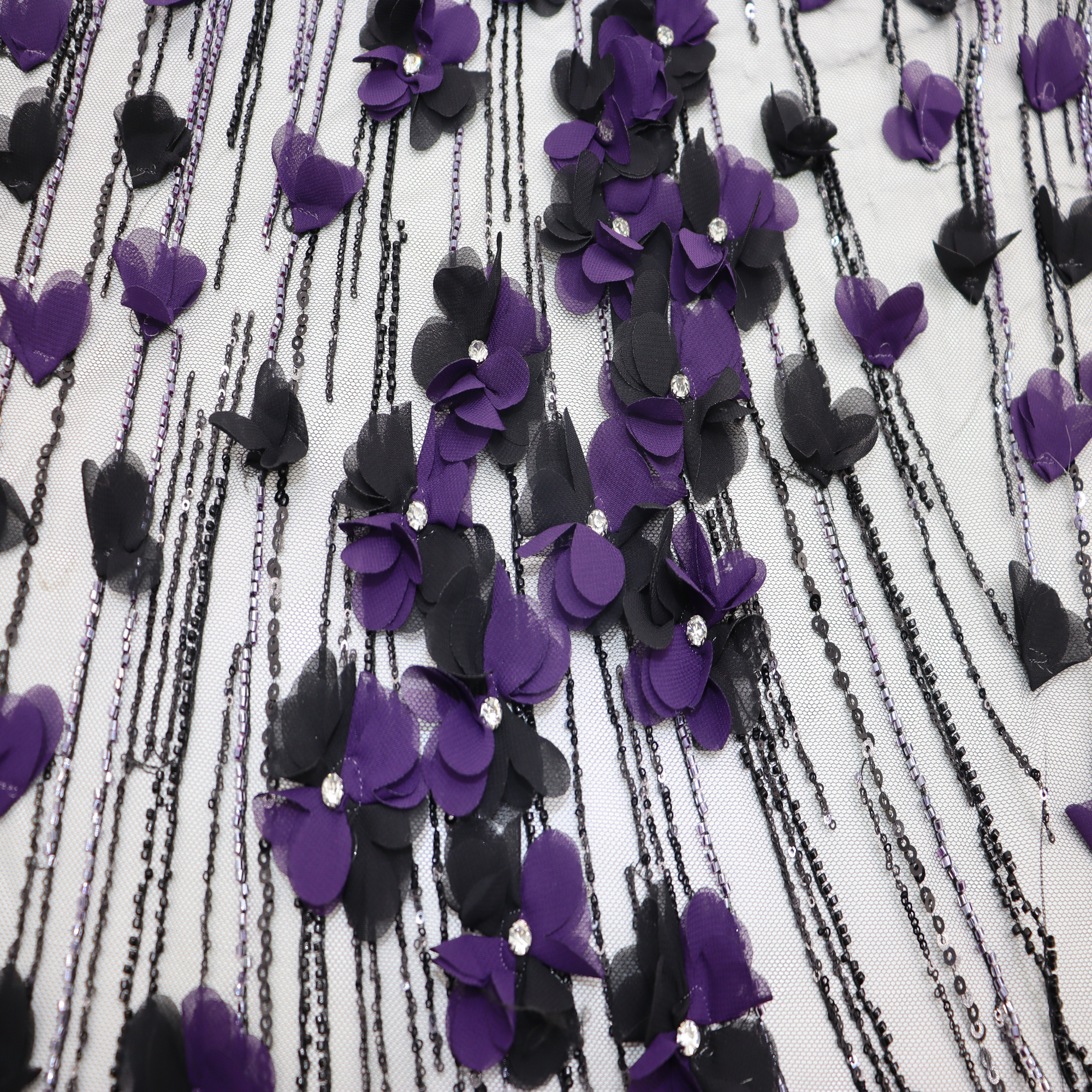 Elegant 3D Floral Embellished Fabric with Sparkling Rhinestone Accents